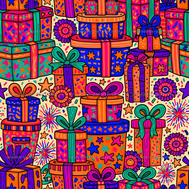 Colorful gift boxes pattern with bows and stars for design projects — seamless tileable pattern