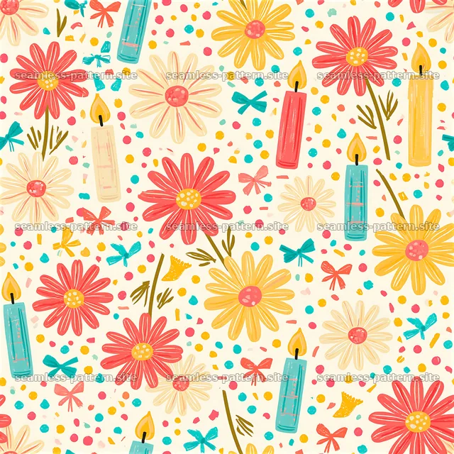 Birthday floral birthday seamless pattern with flowers and candles — seamless tileable pattern