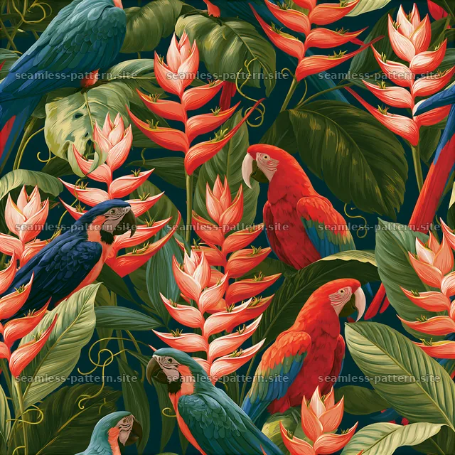 Colorful parrots with tropical leaves in repeat pattern design — seamless tileable pattern