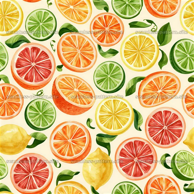 Colorful citrus seamless pattern with fruits and green leaves — seamless tileable pattern