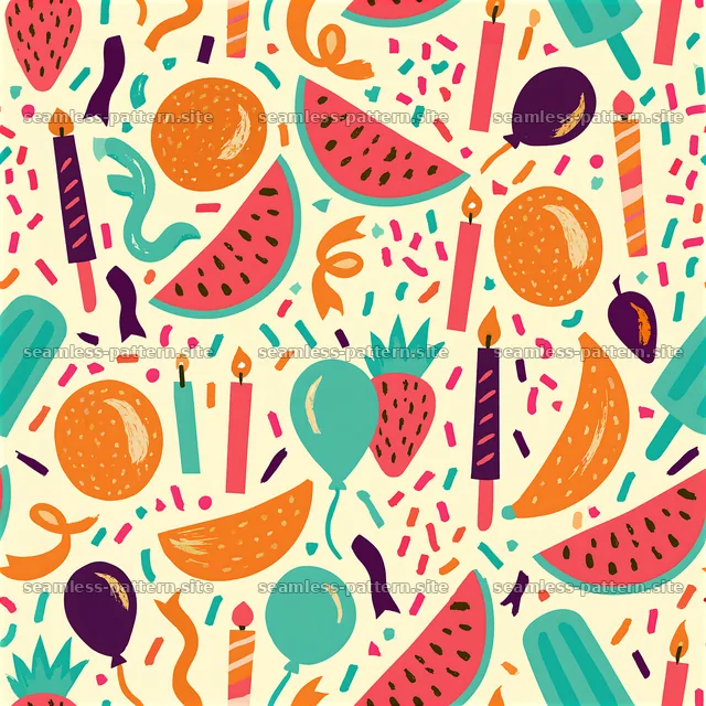 Colorful Birthday Party Seamless Pattern with Fruit and Candles — seamless tileable pattern