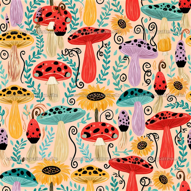 Funky Colorful Repeating Mushroom and Flower Pattern — seamless tileable pattern