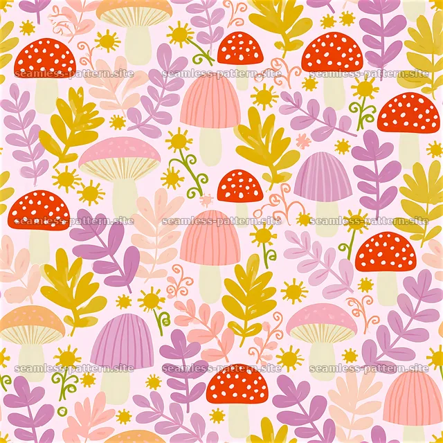 Colorful pattern with mushrooms and leaves on a light background — seamless tileable pattern