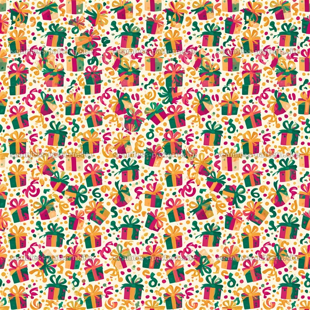 Birthday gift repeat pattern with colorful presents and bows — seamless tileable pattern