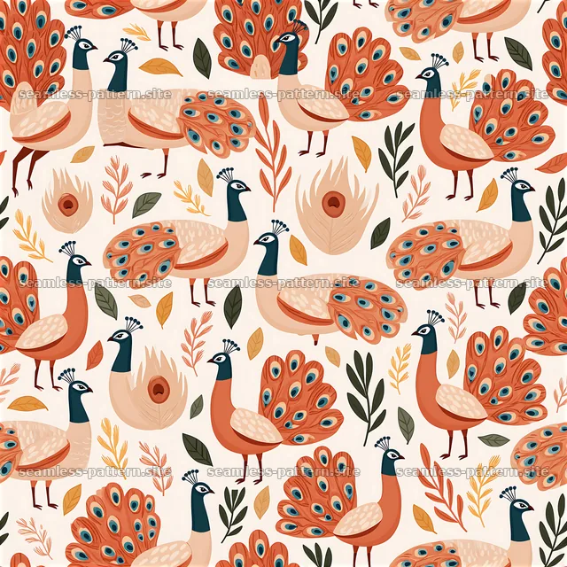Colorful peacock design with leaves in an organized repeat pattern — seamless tileable pattern