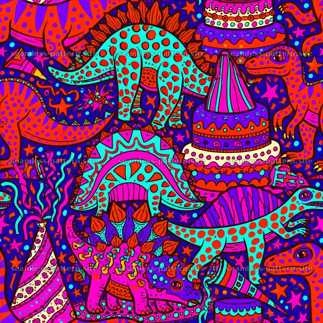 Colorful dinosaurs and party hats seamless pattern — seamless tileable pattern