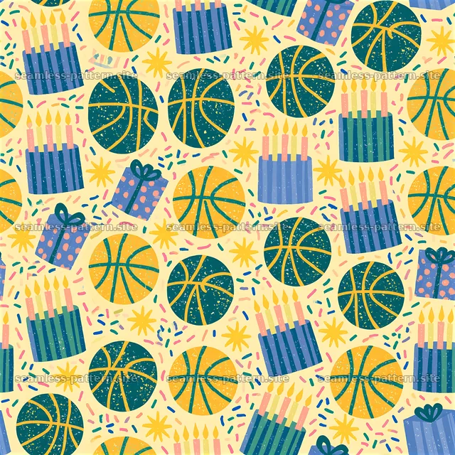 Colorful seamless pattern with birthday objects and basketballs — seamless tileable pattern