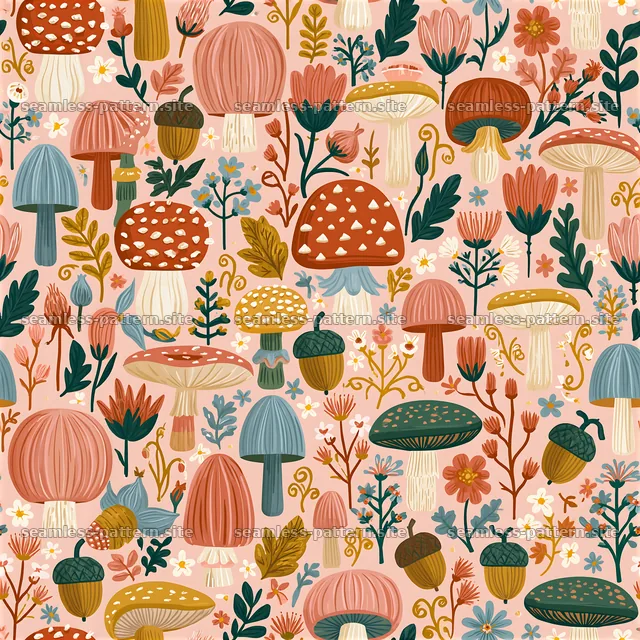 Colorful folk art seamless pattern with mushrooms and flowers — seamless tileable pattern