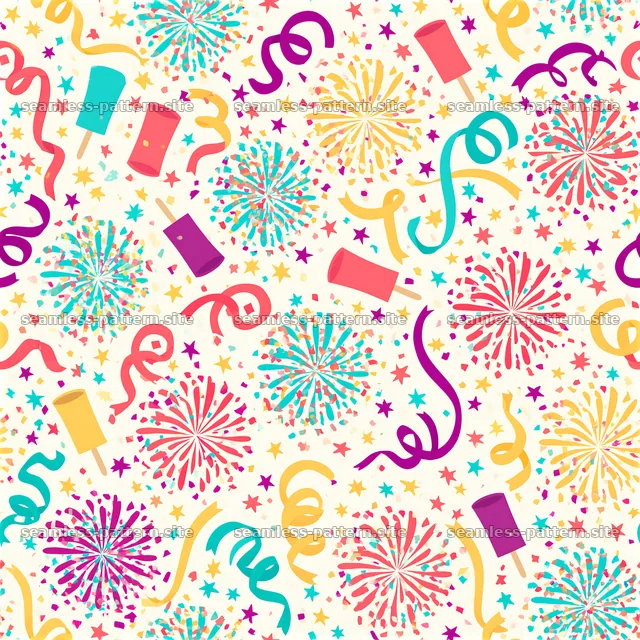 Colorful Party Seamless Pattern with Confetti and Fireworks — seamless tileable pattern