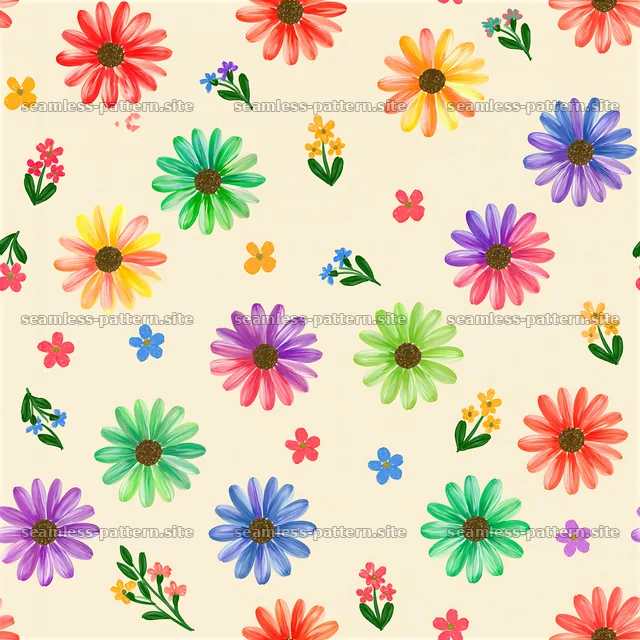 Rainbow flower tileable pattern with colorful blooms on light background — seamless tileable pattern