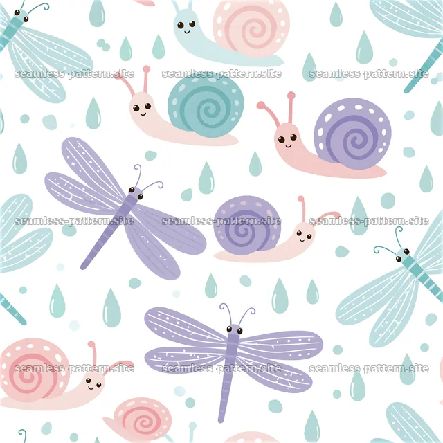 Cute garden insects seamless pattern with snails and dragonflies — seamless tileable pattern