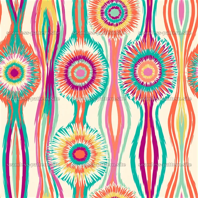 Bold and vibrant circular design with colorful flowing lines — seamless tileable pattern