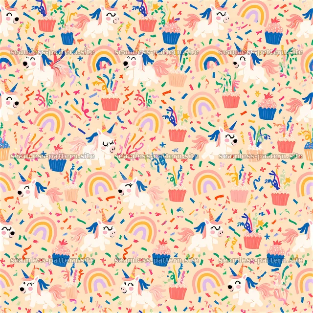 Birthday Unicorns, Cupcakes and Rainbows Seamless Pattern — seamless tileable pattern