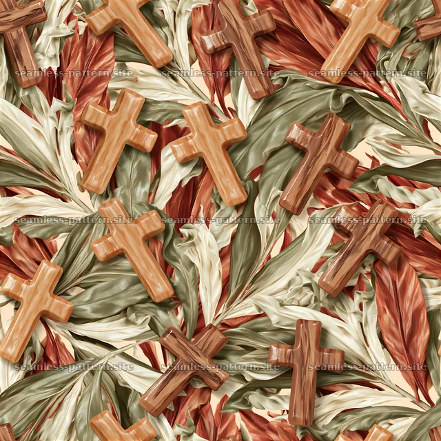Wooden Crosses and Rustic Leaves Seamless Pattern — seamless tileable pattern