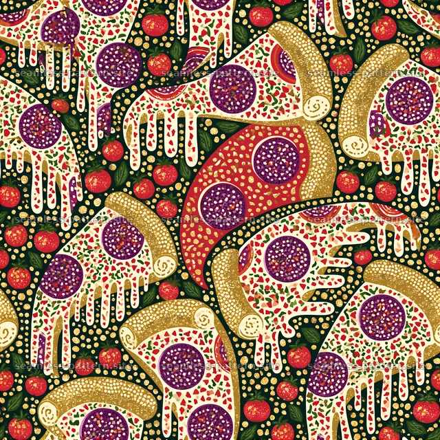 Colorful pizza slices with toppings on a dark green background — seamless tileable pattern