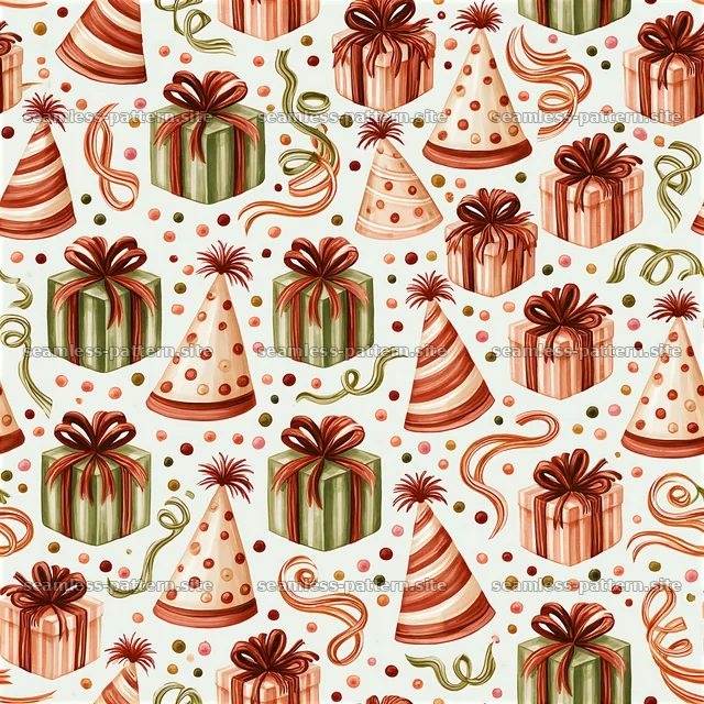 Colorful celebration pattern with gifts, party hats, and ribbons — seamless tileable pattern