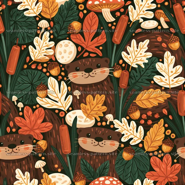 Cute otter seamless pattern with leaves and mushrooms in autumn colors — seamless tileable pattern
