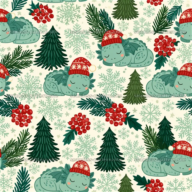 Cozy winter scene with sleeping baby animals and festive elements — seamless tileable pattern