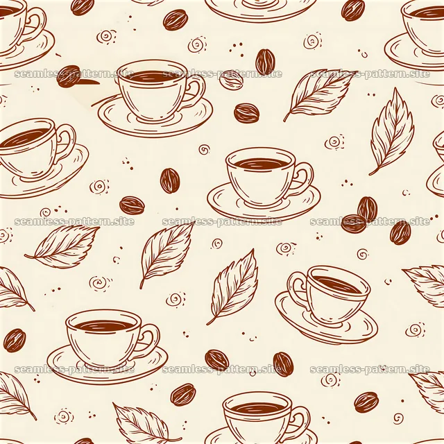 Coffee Cups, Beans and Leaves Seamless Line Art Pattern — seamless tileable pattern