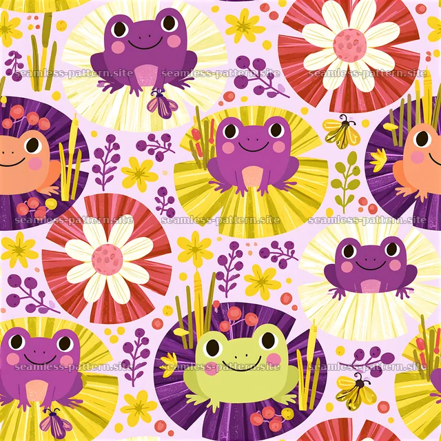 Colorful frogs and flowers seamless pattern for playful designs — seamless tileable pattern