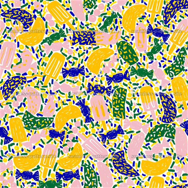 Colorful candy pattern with fruits and sprinkles layout — seamless tileable pattern