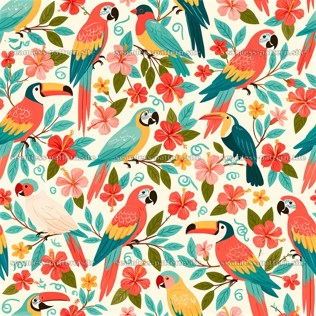 Bright tropical birds seamless pattern in vibrant colors and flowers — seamless tileable pattern