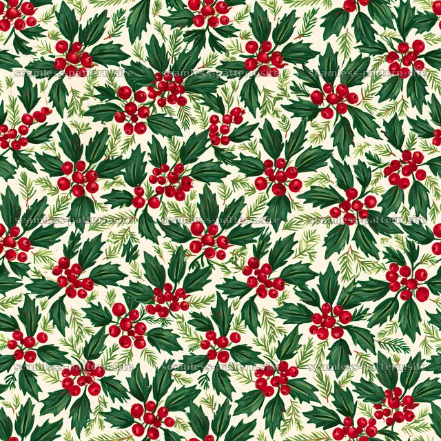 Floral seamless pattern with holly and berries in green and red — seamless tileable pattern