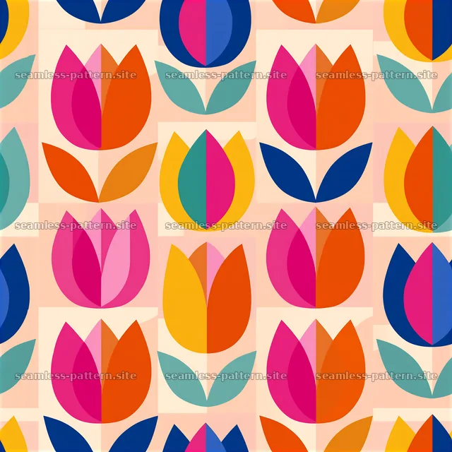 Colorful Tulip Seamless Pattern with Geometric Floral Shapes — seamless tileable pattern