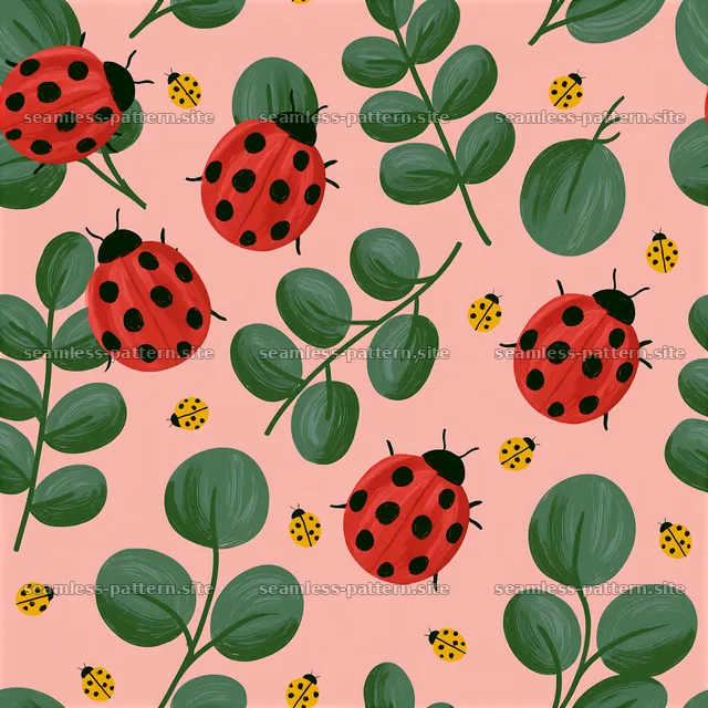 Vibrant ladybugs seamless pattern on a soft pink background — seamless tileable pattern