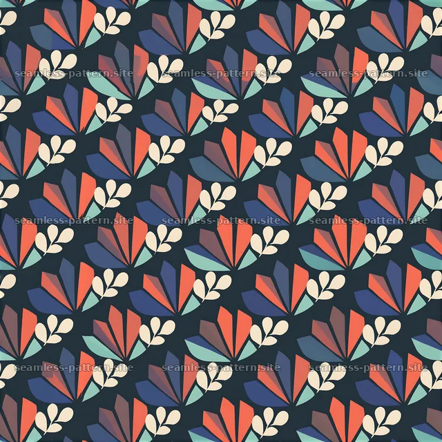 Colorful leaf accents repeating pattern with floral shapes in dark background — seamless tileable pattern