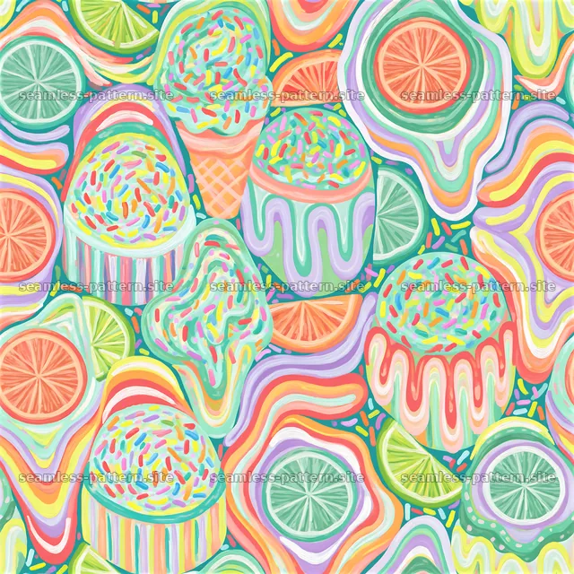 Colorful citrus and frosted dessert seamless pattern — seamless tileable pattern