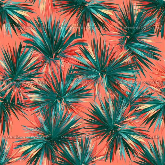 Bright palm leaves seamless pattern on vibrant coral background — seamless tileable pattern