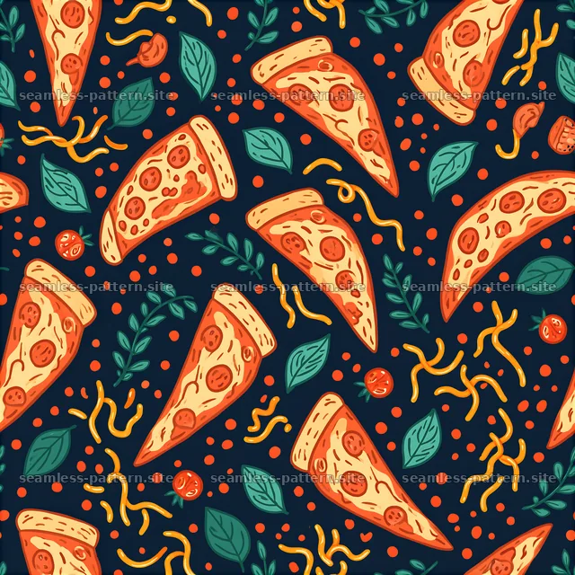 Colorful seamless pizza slice pattern with toppings and leaves — seamless tileable pattern