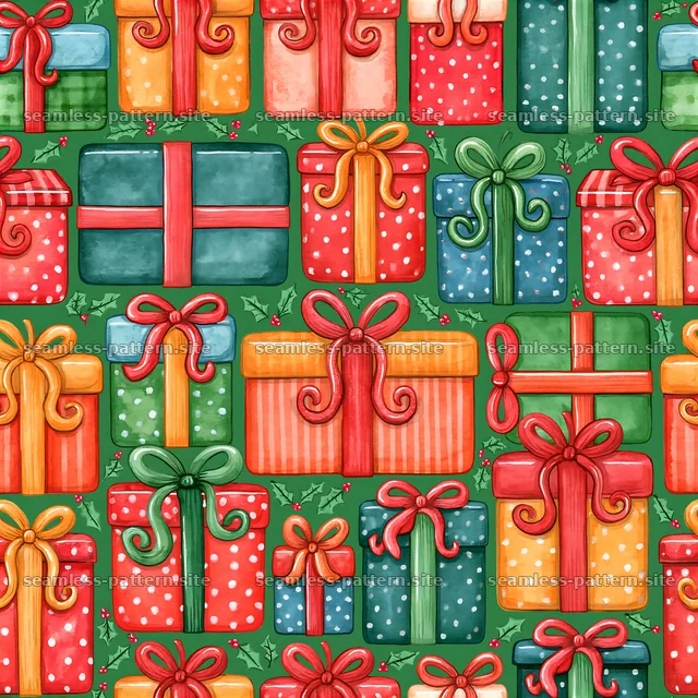 Watercolor Christmas Gift Boxes and Holly Seamless Pattern — seamless tileable pattern
