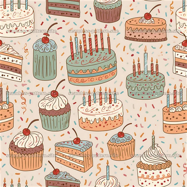 Colorful cake and dessert seamless pattern for celebrations — seamless tileable pattern