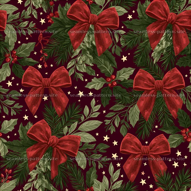 Seamless red and green Christmas pattern with bows and foliage — seamless tileable pattern
