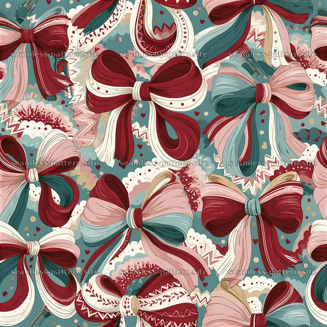 Funky Bow and Ribbon Seamless Pattern in Burgundy and Teal — seamless tileable pattern