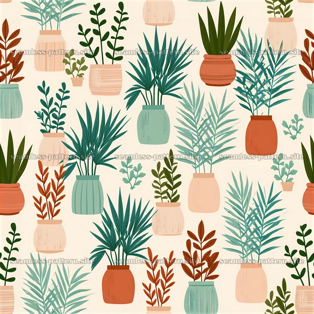 Colorful potted plants seamless pattern with various plant types — seamless tileable pattern