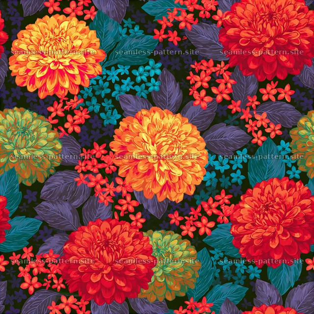 Rainbow floral repeat pattern featuring vibrant flowers and leaves — seamless tileable pattern