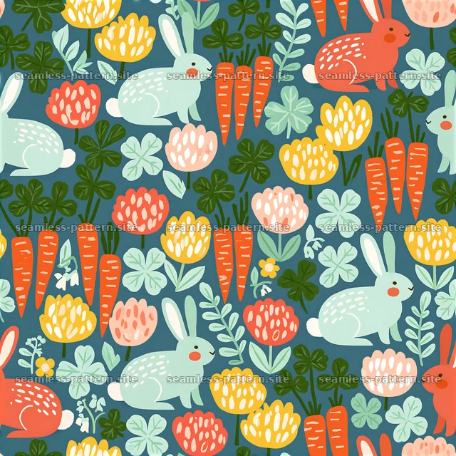 Colorful Scandinavian rabbit and garden seamless pattern — seamless tileable pattern