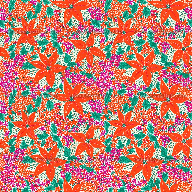 Bold red flowers with green leaves in bright floral pattern — seamless tileable pattern