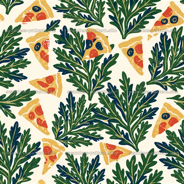Seamless arugula pizza pattern with slices and greens on light — seamless tileable pattern