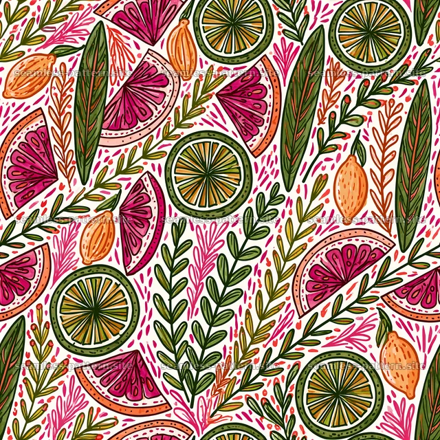 Colorful citrus seamless pattern with fruits and leaves in a design — seamless tileable pattern