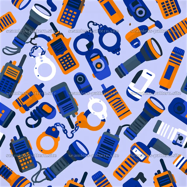 Seamless pattern of police equipment icons in blue and orange tones — seamless tileable pattern