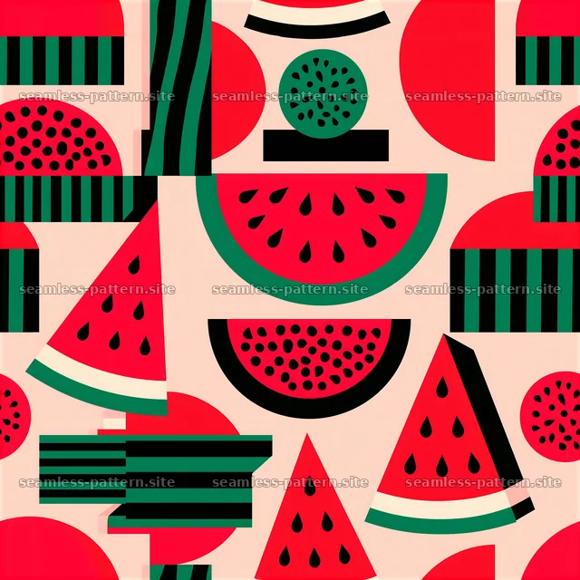 Colorful Watermelon Seamless Pattern with Slices and Seeds — seamless tileable pattern