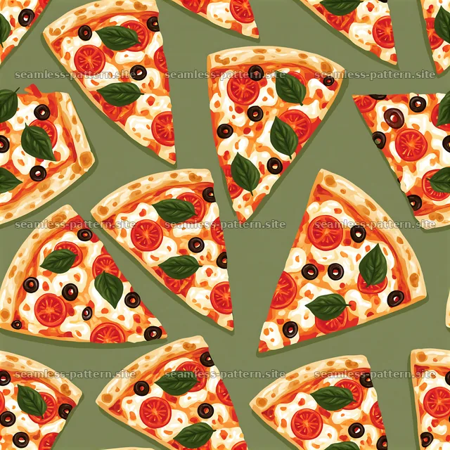 Seamless pizza slice pattern with tomatoes, olives and basil — seamless tileable pattern