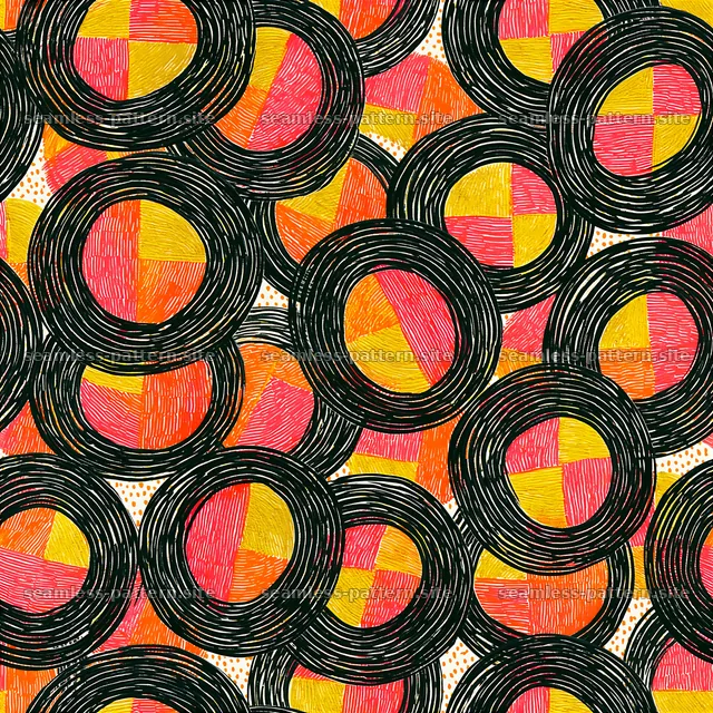 Geometric circles in black, red, yellow, and orange seamless pattern — seamless tileable pattern