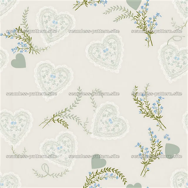 Heart shapes and floral motifs create a soft, elegant design — seamless tileable pattern