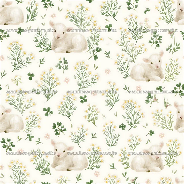 Seamless pattern featuring lambs and gentle botanical elements — seamless tileable pattern