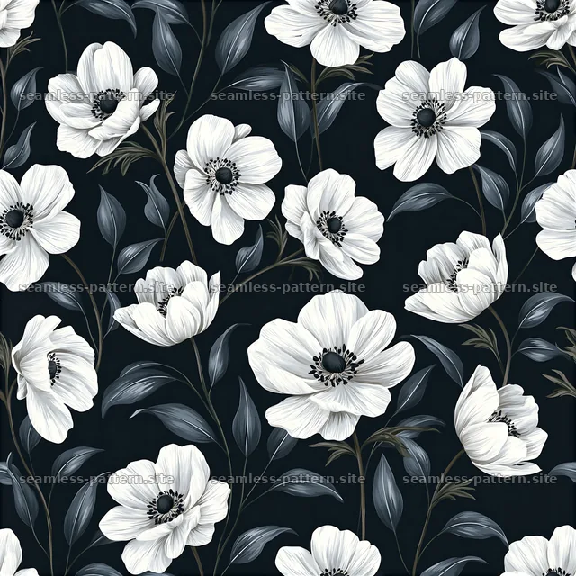 Delicate flower seamless pattern with white flowers on dark background — seamless tileable pattern